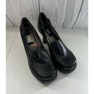 Vtg 90s Y2K lei Size 9 Loafer Heels Shoes Black Platform Leather Chunky
